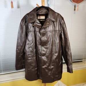 Vintage Montgomery Ward Sz 48 Brown Leather Removable Liner Button up Over Coat